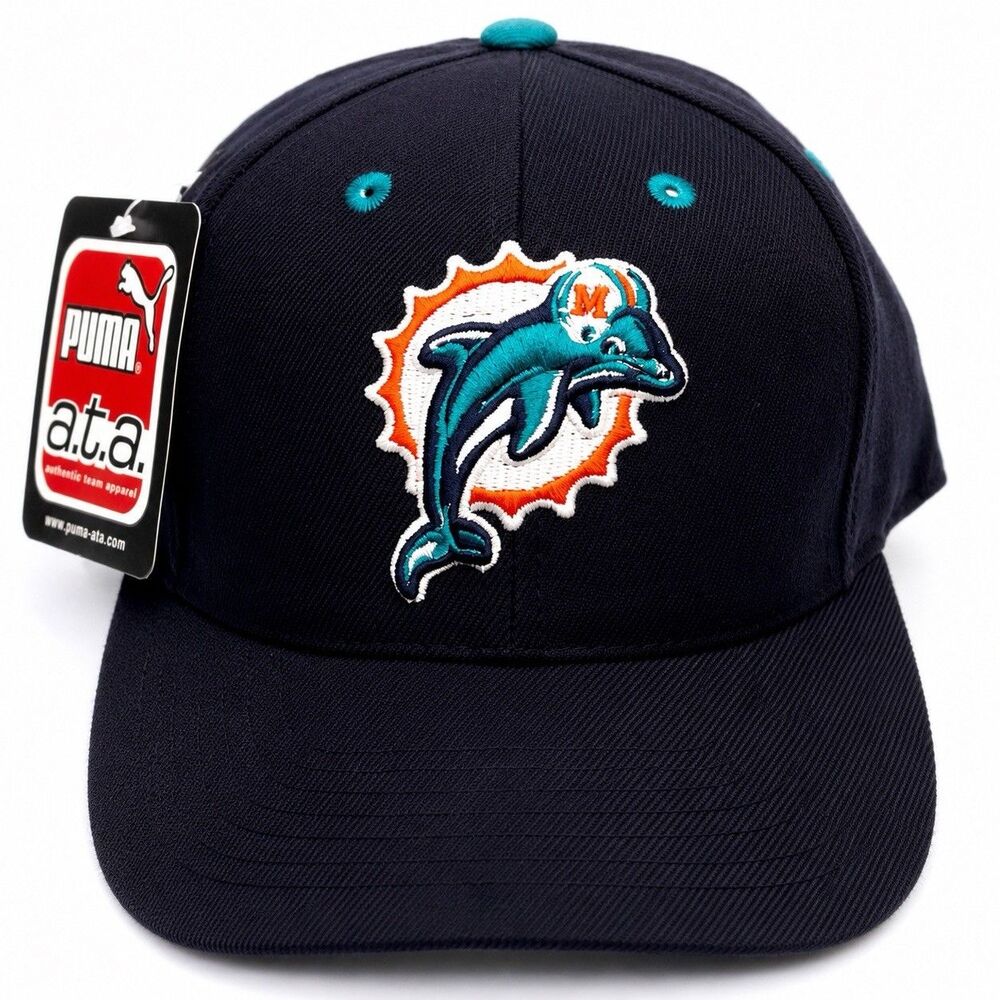 Vintage 90s Miami Dolphins Puma NFL Snapback Hat Navy Blue NOS Logo Cap Football - Picture 1 of 12